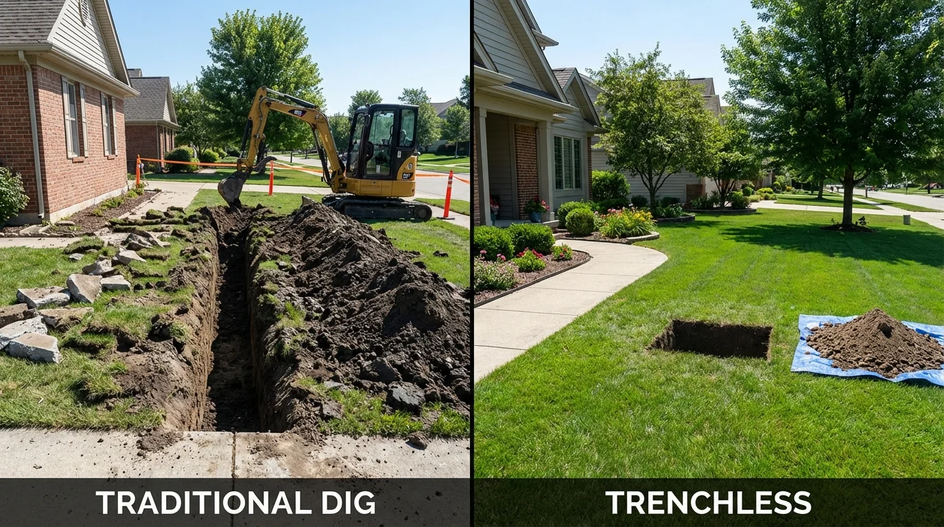 Trenchless sewer repair with minimal yard damage versus traditional excavation in Gladewater, TX