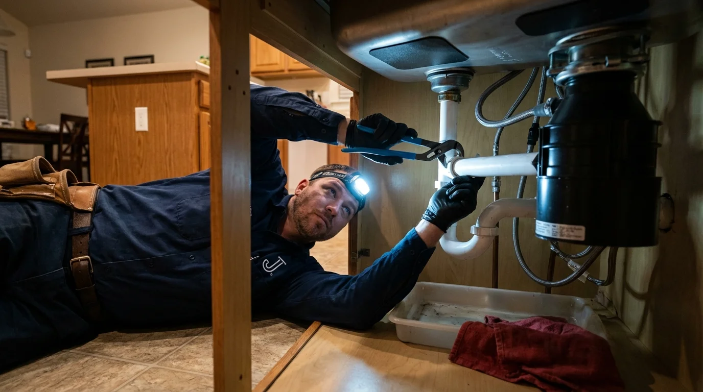 P-trap and supply line connections under a kitchen sink showing a common leak point in Gladewater, TX